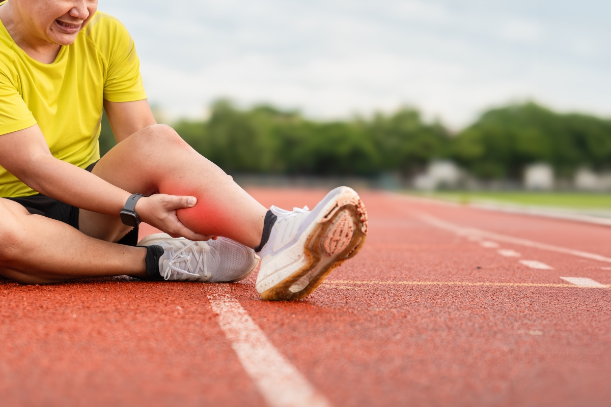 Woman holds leg after injuring herself while running